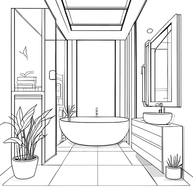 moderne Badezimmer-Interieurperspektive sehr detaillierte Vektorillustration Linienkunst