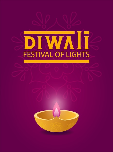 Modernes Plakat für Diwali Festival der Lichter mit Diya Öllampe auf dem Hintergrund lila Rangoli