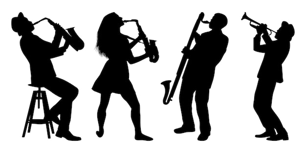 Musiker oder Musikbands schwarze Silhouetten Vektorillustration