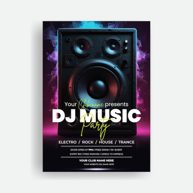 Vektor musikparty-druckflyer- oder postervorlage mit musiklautsprecher sub-woofer-hintergrund