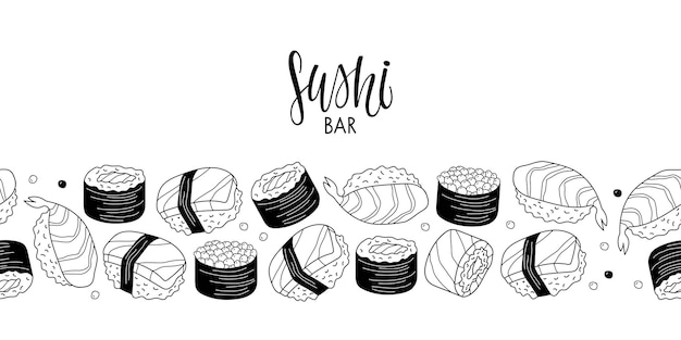 Vektor nahtlose japanische lebensmittelgrenze. frisches sushi-set mit sushi-bar-schriftzug isoliert auf weißem hintergrund