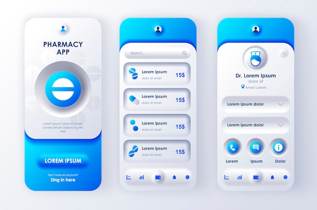 Vektor neomorphe mobile app ui ux kit online-apotheke einzigartigen neomorphismus-stil.