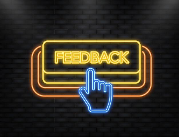 Neon-Symbol Symbol mit gelbem Feedback-3D-Button auf weißem Hintergrund für Web-Marketing-Design