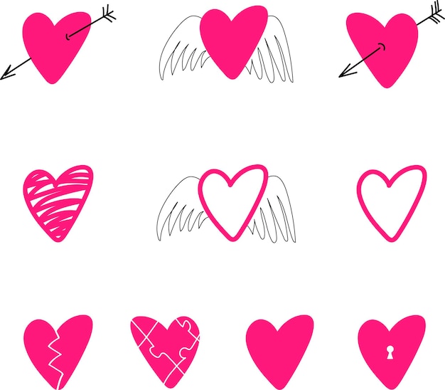 Nette Herzen stellten für Valentinstagdesign, Gekritzelvektorillustration ein