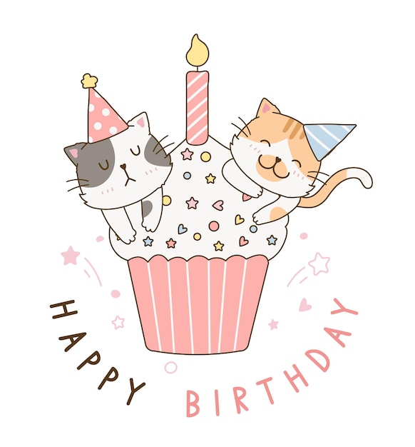 Vektor nette katzen auf süßem cupcake, der alles gute zum geburtstag grüßt, gekritzelzeichnungsillustration