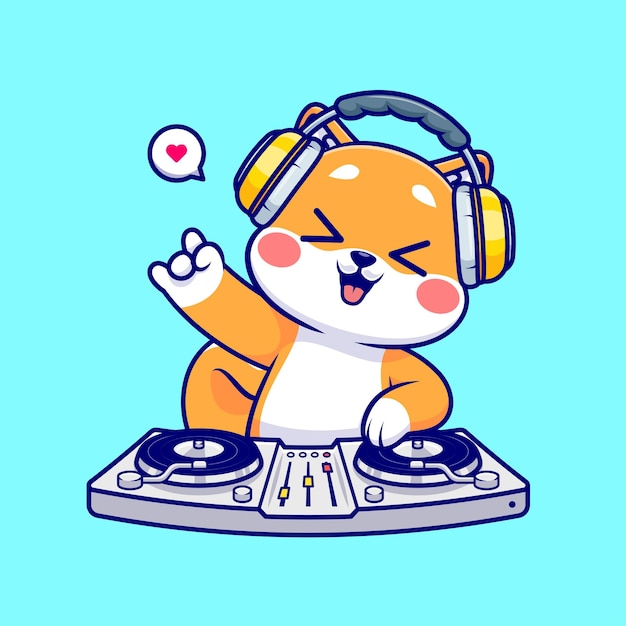 Vektor niedlich, shiba inu, hund, spielen, dj, elektronische musik, mit, kopfhörer, karikatur, vektor, symbol, abbildung, flat