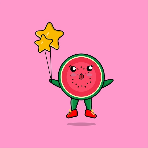 Niedliche Cartoon-Wassermelone, die mit Sternballon-Cartoon-Vektorillustration im Cartoon-Stil des Konzepts 3d schwimmt