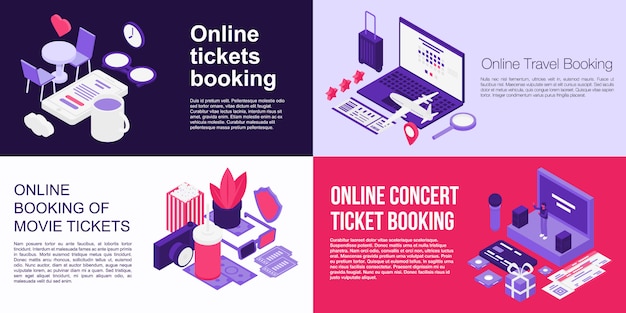 Online-Tickets buchen Banner Set, isometrische Stil