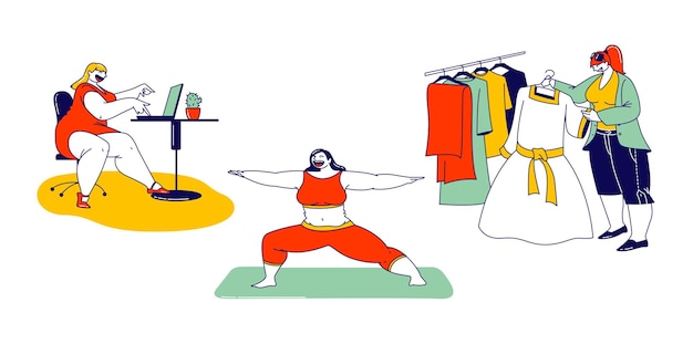 Plus Size Frauen Lifestyle. Fettige weibliche Charaktere, die im Büro arbeiten, Sport treiben und im Laden moderne Kleidung wählen. Bodypositiv, Schönheit, Diätkonzept. Lineare Menschen-Vektor-Illustration