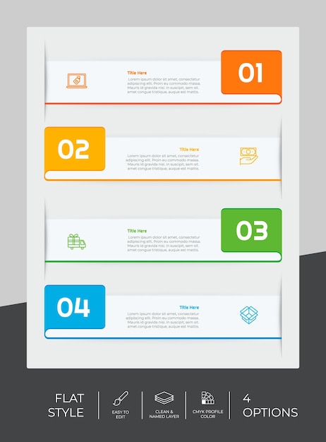 Präsentation Business-Option Infografik mit flachem Stil und farbenfrohem Konzept 4 Infografik-Optionen können für geschäftliche Zwecke verwendet werden