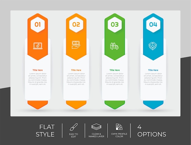 Präsentation Business-Option Infografik mit flachem Stil und farbenfrohem Konzept 4 Infografik-Optionen können für geschäftliche Zwecke verwendet werden