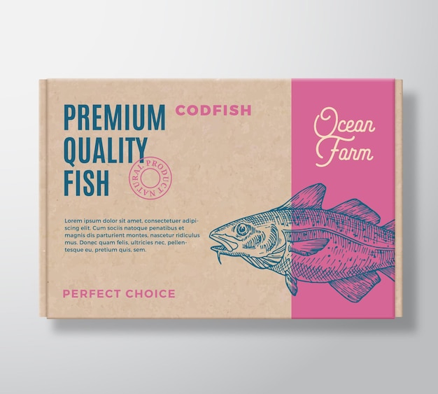 Premium-Qualität Fisch Realistischer Karton Abstraktes Vektor-Verpackungsdesign oder Etikett Moderne Typografie Handgezeichnete Kabeljau-Silhouette Kraftpapier-Hintergrund-Layout