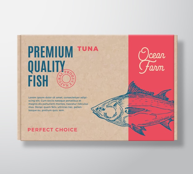 Premium-Qualität Fisch Realistischer Karton Abstraktes Vektor-Verpackungsdesign oder Etikett Moderne Typografie Handgezeichnete Thunfisch-Silhouette Kraftpapier-Hintergrund-Layout