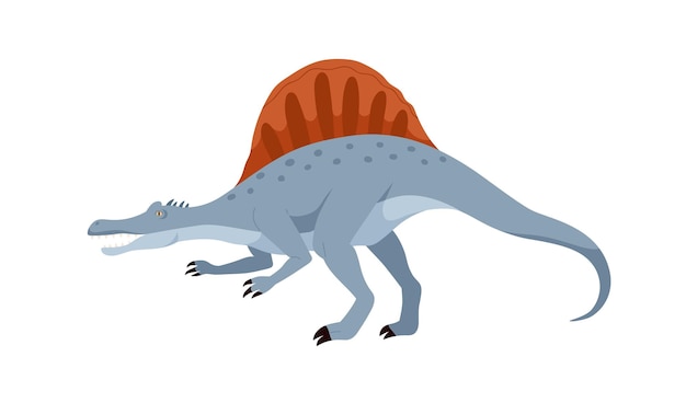 Profil von Spinosaurus Dino mit flossenähnlichem Fächer auf der Rückseite. Ausgestorbener Dinosaurier der alten Jurazeit. Prähistorischer Charakter. Farbige flache Cartoon-Vektor-Illustration isoliert auf weißem Hintergrund.