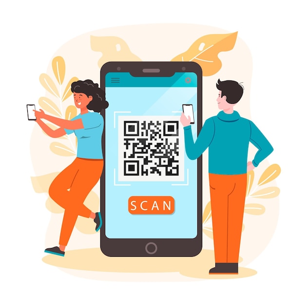 Vektor qr-code-scannen mit zeichen- und scan-schritten auf dem smartphone-pack