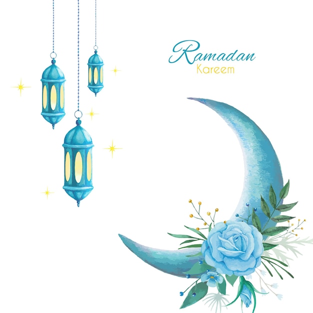 Ramadan-Grußdesign mit blauem Halbmond, dekoriert mit Rosenstrauß und hängenden Laternen