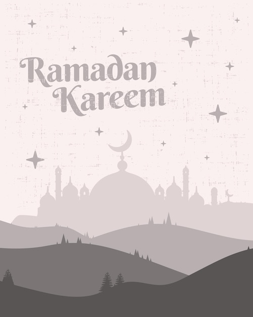 Vektor ramadan kareem mit moschee-illustration und hügellandschaft in roter farbe