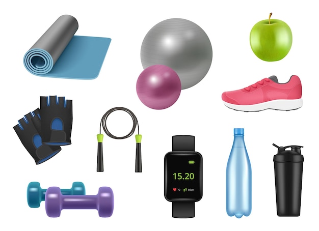 Realistische Fitnessgeräte Sportsymbole für einen gesunden Lebensstil 3D-Artikel für Fitnessstudio Hanteln Springseil Apfel Wasserflaschen Turnschuhe anständiger Vektor