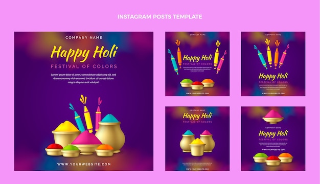 Realistische Holi-Instagram-Posts-Sammlung