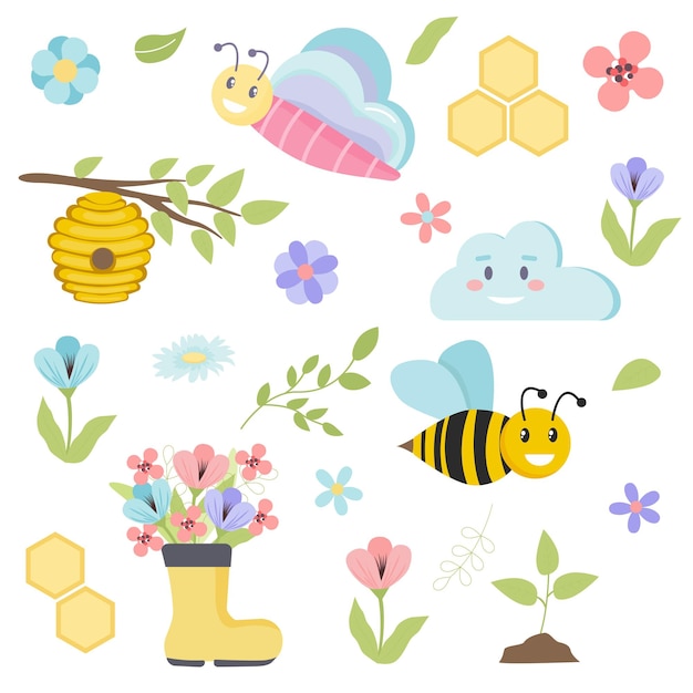 Reihe von Cartoon-Illustrationen für den Frühling. Bienen, Blumen, Schmetterlinge, Wolke.