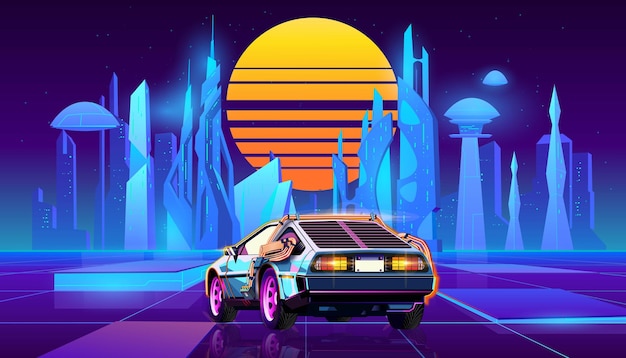 Vektor retro-futuristischer sportwagen auf dem hintergrund der landschaft der nachtstadt