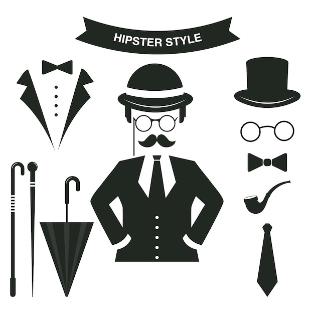 Vektor retro hipster männlicher charakter mit hipster-elementen und icons