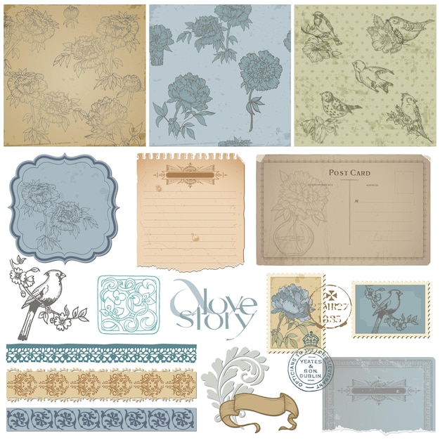 Vektor sammelalbum design-elemente - vintage vogel und pfingstrose set