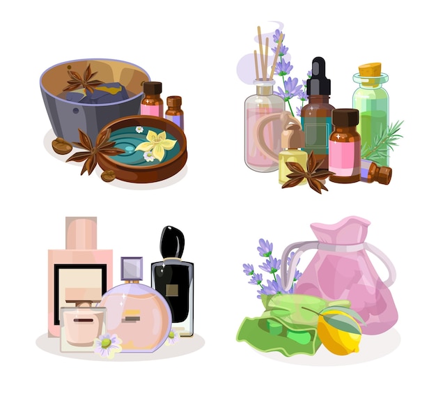 Vektor sammlung von illustrationen von aromaölen, lufterfrischern, salzen, kerzen und parfüm in einem detaillierten stil. moderner illustrationsstil für aromatherapiestudios und massagesalons