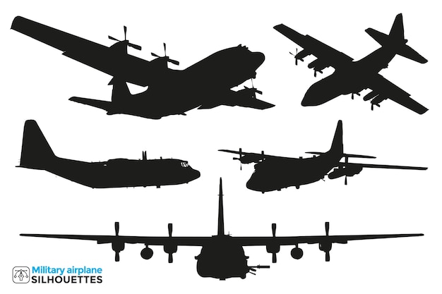 Sammlung von isolierten Silhouetten von Militärflugzeugen in verschiedenen Ansichten.