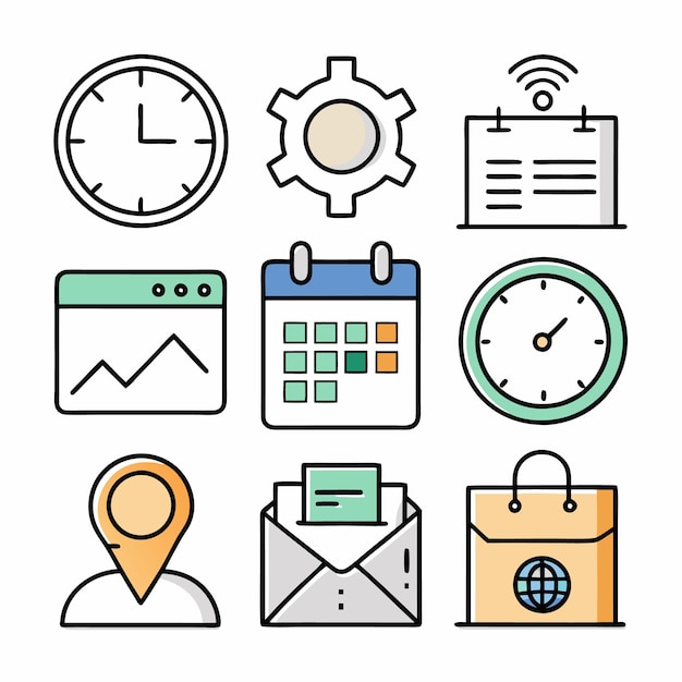 Sammlung von neun handgezeichneten Symbolen für Zeitplan, Standort und globale Kommunikation