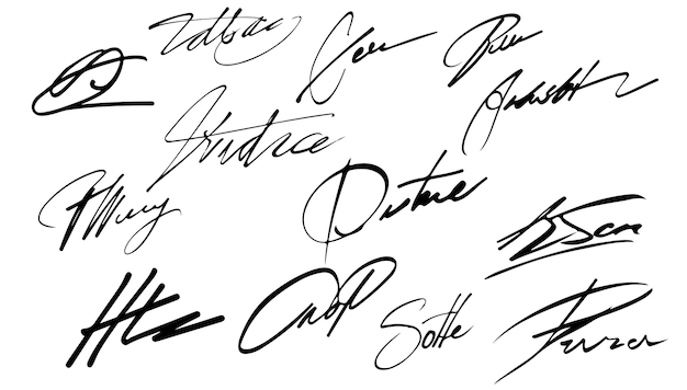 Vektor sammlung von vektor-signaturen fiktive autogramm-illustration vertragsdokument handschrift