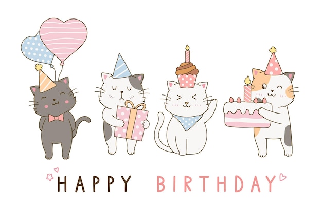 Vektor satz nette katzen, die gruß alles gute zum geburtstag feiern, gekritzel, der karikaturillustrationsbündel zeichnet