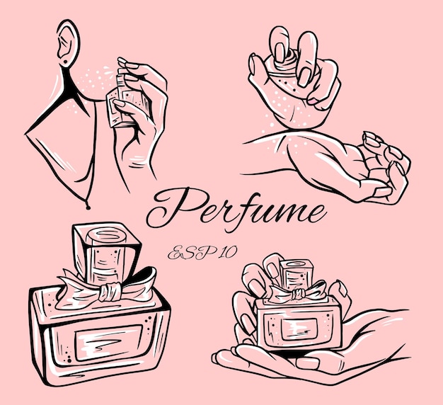 Satz Parfümflaschenillustration. Parfüm. Eau de Toilette. Parfümflasche in der Hand.