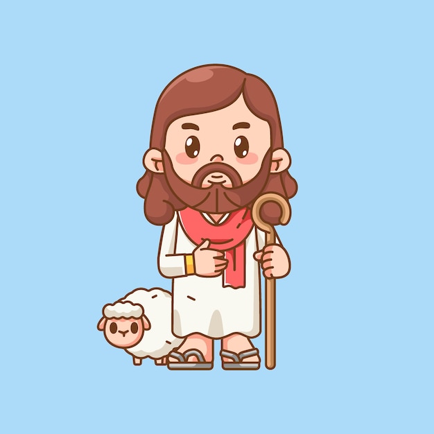 Vektor schöne jesus christus gott hält stock mit schafe kawaii chibi charakter maskottchen illustration umriss stil