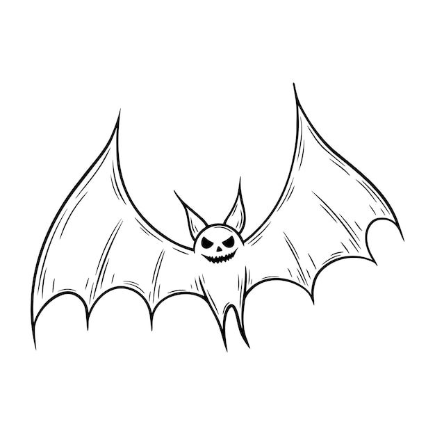 Vektor schreckliches lachen halloween fliegende fledermaus illustration im line-art-stil graphische monochrome zeichnung hand gezeichneter umriss skizze eingravierte doodle-illustration für malbuch einladung dekoration