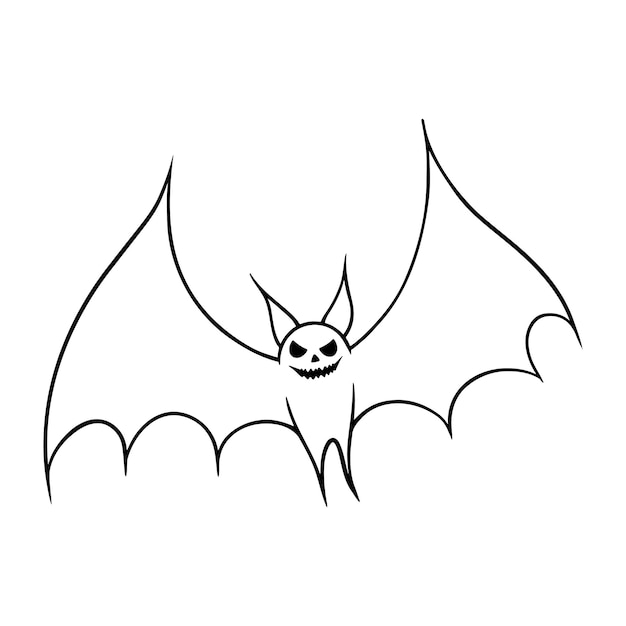 Vektor schreckliches lachen halloween fliegende fledermaus illustration im line-art-stil graphische monochrome zeichnung hand gezeichneter umriss skizze eingravierte doodle-illustration für malbuch einladung dekoration