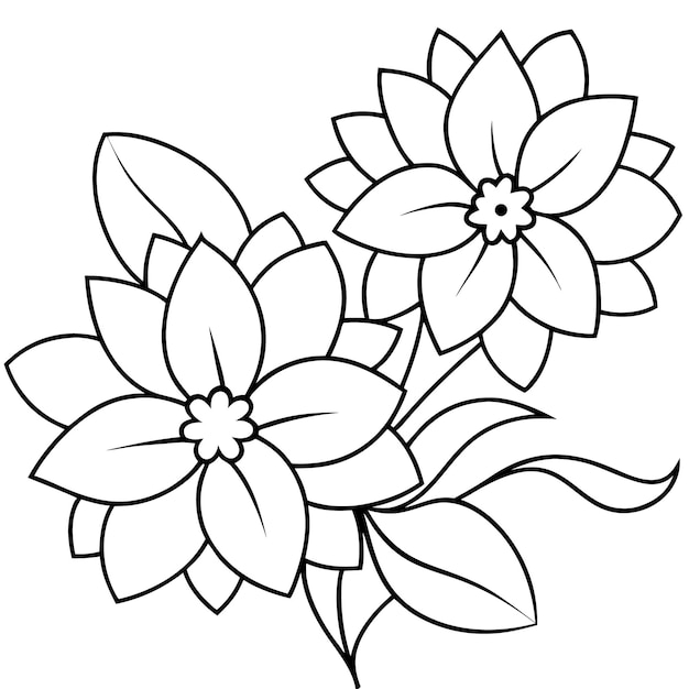 Vektor schwarz-weiße linienkunst-illustration von drei blumen mit blütenblättern und blättern