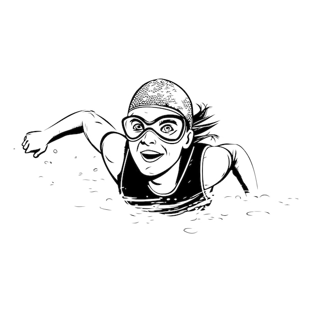 Vektor schwimmendes mädchen mit mütze und brille, handgezeichnete vektorillustration