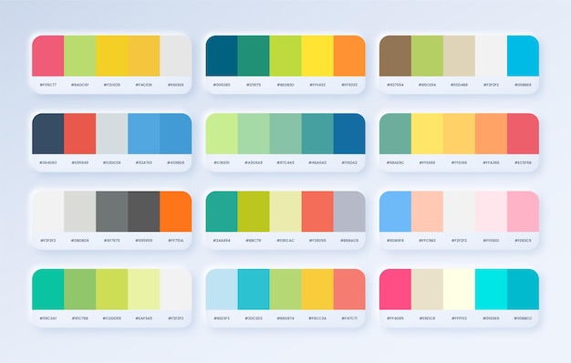 Set aus hellen Farbpalettenkombinationen in der Farbpalette im rgb-Hex-neumorphen Stil für ui ux-Design