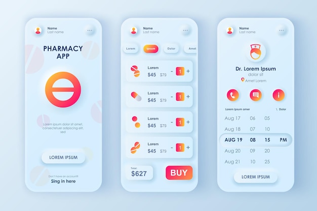 Set mit neumorphen Vorlagen für das Online-Apothekenkonzept Wählen und kaufen Sie Tablets UI UX GUI-Bildschirme