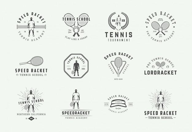 Set Vintage Tennis Logos, Embleme, Abzeichen, Etiketten und Designelemente. Illustration. Monochrome Grafik.