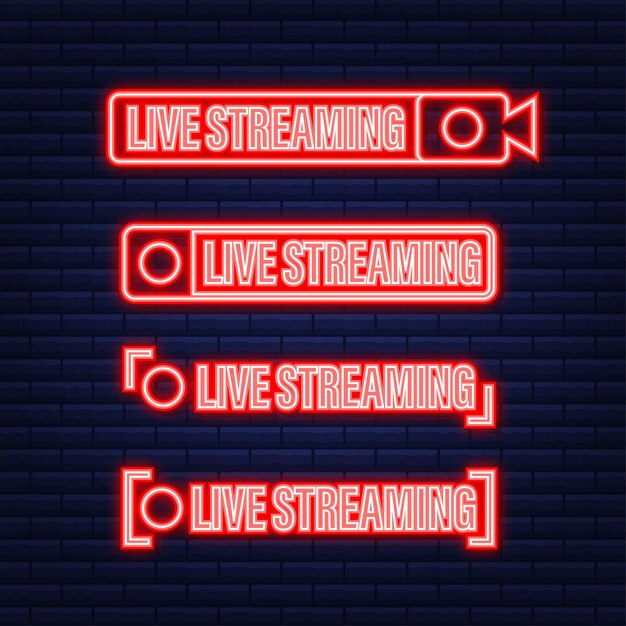 Vektor set von live-streaming-symbolen. rundfunk. rote symbole und schaltflächen von live-stream, online-stream. neon-symbol. vektorgrafik auf lager.