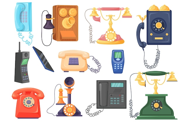 Vektor set von retro-telefonen im flachen cartoon-design dieses bild zeigt eine sammlung von telefonen