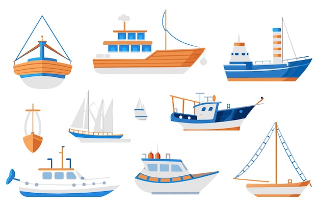 Vektor set von schiffen und booten verschiedener typen, isoliert auf weißem hintergrund, yacht, holz- und motorboot