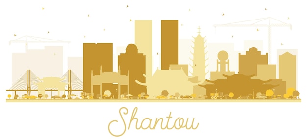 Shantou China Goldene Skyline Silhouette. Vektor-Illustration. Einfaches flaches Konzept für Tourismuspräsentation, Banner, Plakat oder Website. Geschäftsreisekonzept. Shantou-Stadtbild mit Sehenswürdigkeiten.