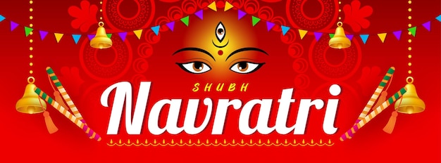 Vektor shubh navratri göttin mahadevi mit dandiya-sticks auf rotem hintergrund