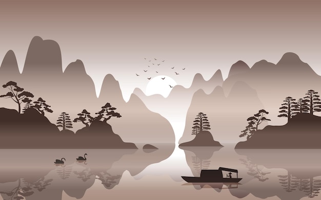 Vektor silhouette-design der chinesischen naturlandschaft