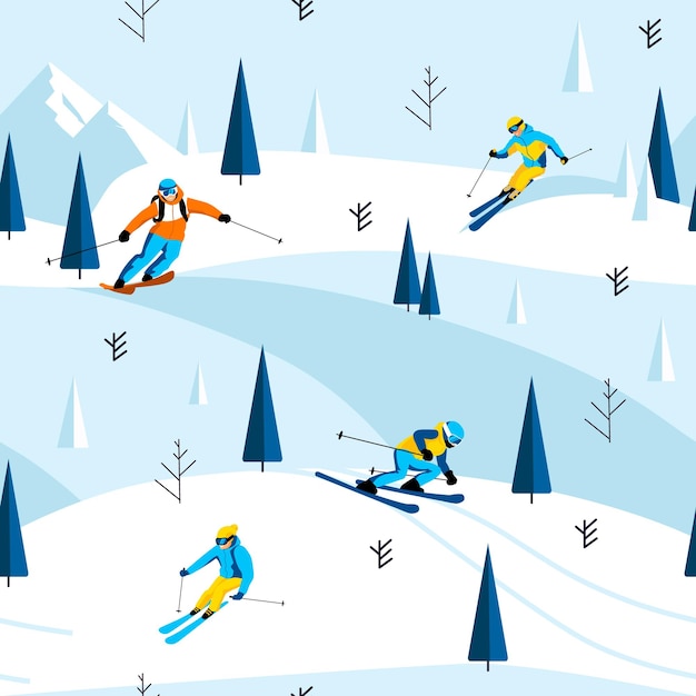 Vektor skifahrer, die einen verschneiten berg mit bäumen auf den hängen absteigen, flaches design, hellblauer hintergrund, abenteuerkonzept für wintersport, vektorillustration