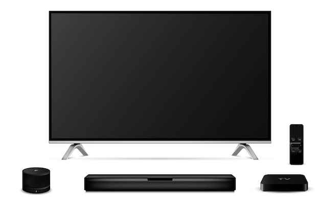 Vektor smart oled-fernseher mit soundbar, tv-set-top-box und smart-lautsprecher