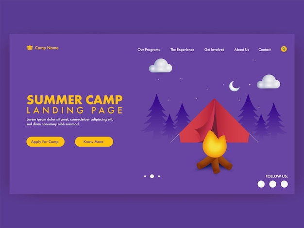 Sommercamp-Landing-Page mit Lagerfeuer, rote Zelt-Illustration auf lila Nachthintergrund.